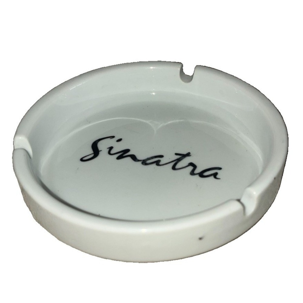 Vintage Sinatra Signature Ashtray 4 Inch Porcelain Casino Nevada White Black